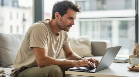 Propriétaire bailleur analysant sa fiscalité LMNP sur ordinateur portable dans un salon lumineux