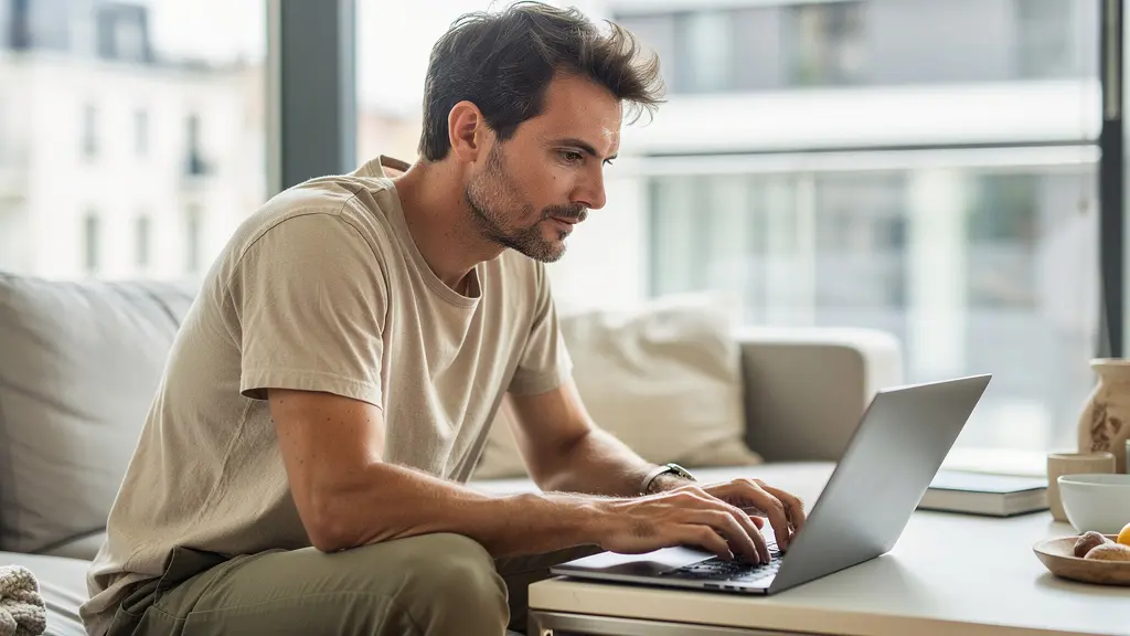 Propriétaire bailleur analysant sa fiscalité LMNP sur ordinateur portable dans un salon lumineux